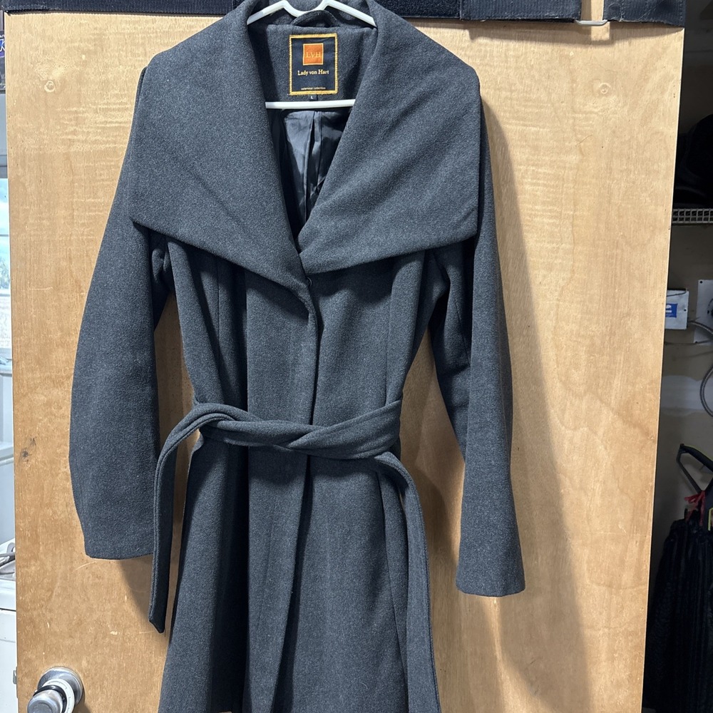 LVH Lady von Hart Women's Snap Button Belted Pea Coat Mid Length Dark‎ Gray L